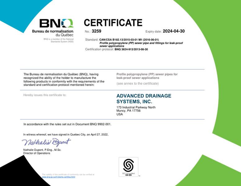 BNQ 3624-913 Profile Polypropylene Pipe and Fittings CERTIFICATE