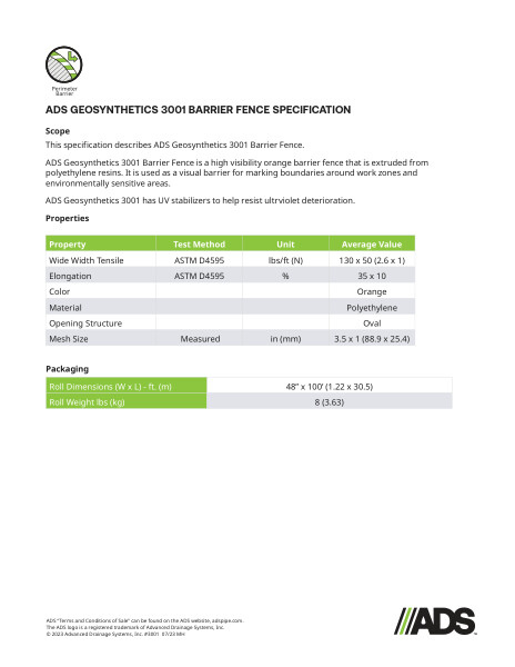 3001 Barrier Fence Geosynthetic Specification