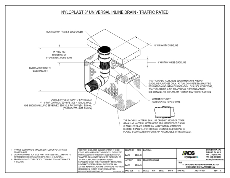 8" Universal Inline Drain Traffic Rated Quick Spec Installation Detail