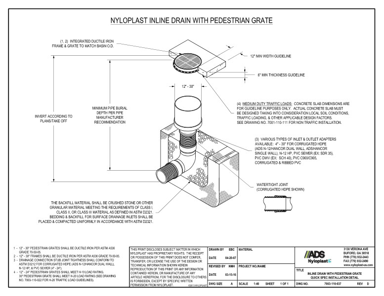 Inline Drain With Pedestrian Grate Quick Spec Installation Nyloplast Detail