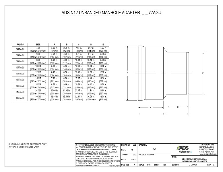 Unsanded Manhole Adapter - N-12 Dual Wall Bell x SWR Spigot Nyloplast Detail