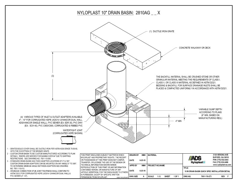 10" Drain Basin Quick Spec Installation Nyloplast Detail