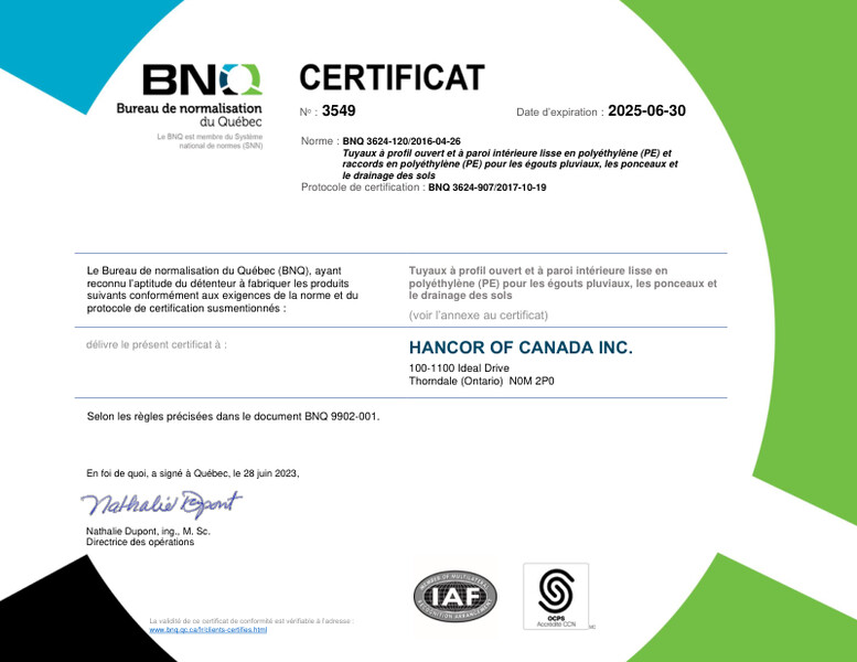 BNQ 3624-120 Smooth Inside Wall Polyethylene Pipe and Fittings_Ontario CERTIFICATE