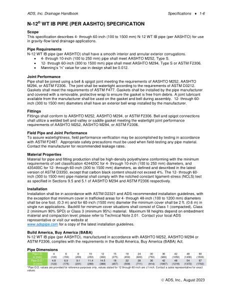 N-12 WT IB Pipe (per AASHTO) Specification