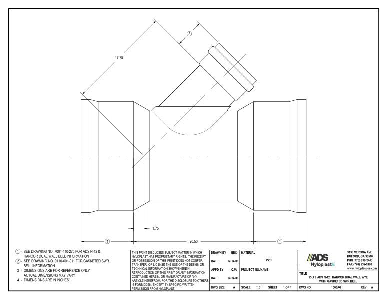15 x 8 N-12 Dual Wall Wye with Gasketed SWR Bell Nyloplast Detail