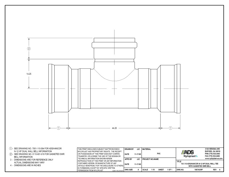 18 x 18 HP Tee with Gasketed SWR Bell Nyloplast Detail