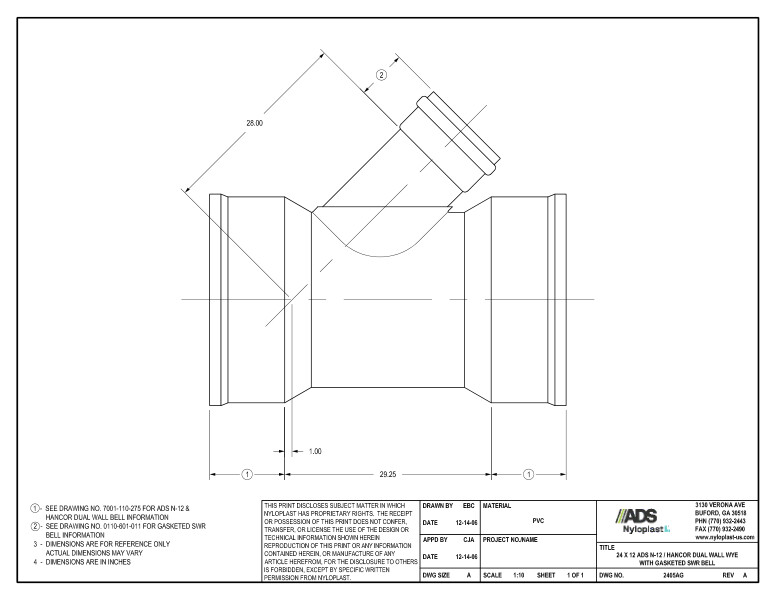 24 x 12 N-12 Dual Wall Wye with Gasketed SWR Bell Nyloplast Detail