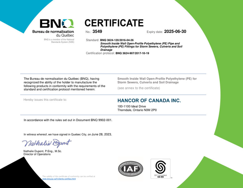 BNQ 3624-120 Smooth Inside Wall Polyethylene Pipe and Fittings_Ontario CERTIFICATE