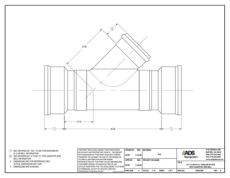 18 x 15 HP Wye with Gasketed SWR Bell Nyloplast Detail