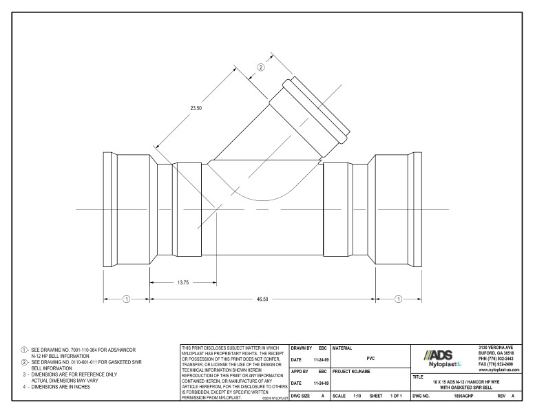 18 x 15 HP Wye with Gasketed SWR Bell Nyloplast Detail