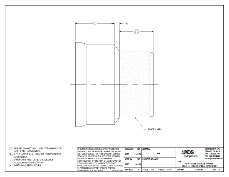 12" Sanded Manhole Adapter - HP Bell x SWR Spigot Nyloplast Detail