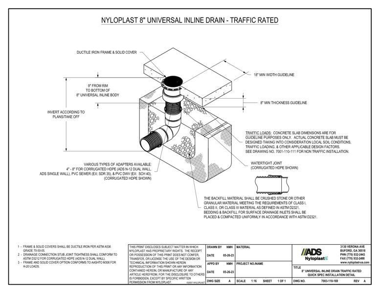 8" Universal Inline Drain Traffic Rated Quick Spec Installation Detail