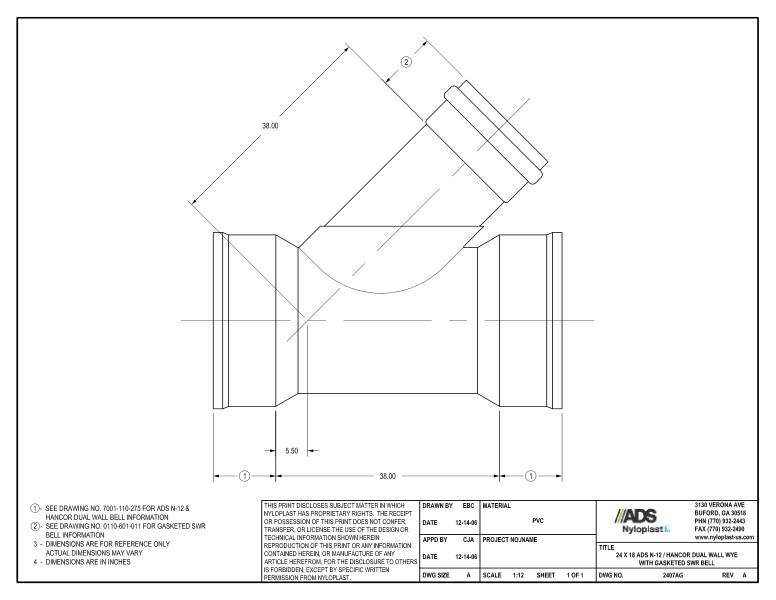 24 x 18 N-12 Dual Wall Wye with Gasketed SWR Bell Nyloplast Detail
