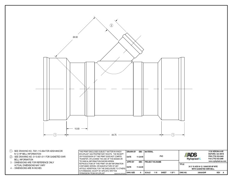 24 x 10 HP Wye with Gasketed SWR Bell Nyloplast Detail