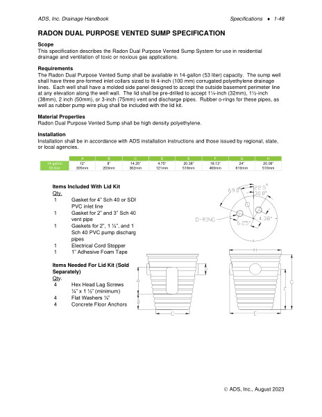 Radon Dual Purpose Vented Sump Specification