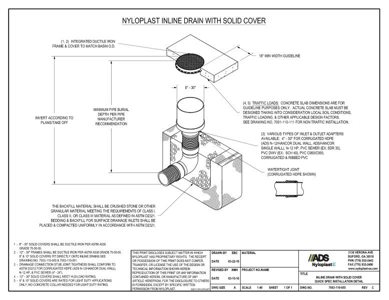 Inline Drain With Solid Cover Quick Spec Installation Nyloplast Detail