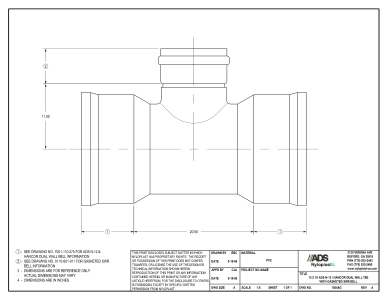 15 x 10 N-12 Dual Wall Tee with Gasketed SWR Bell Nyloplast Detail