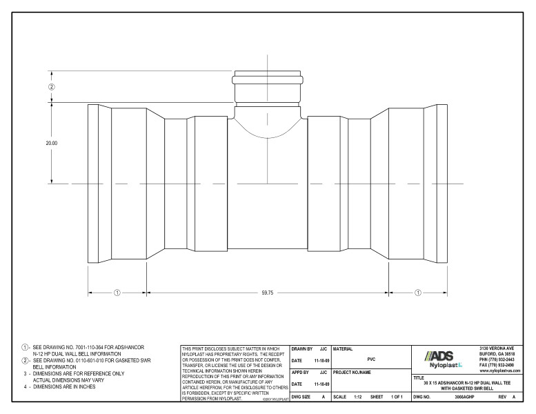 30 x 15 HP Tee with Gasketed SWR Bell Nyloplast Detail