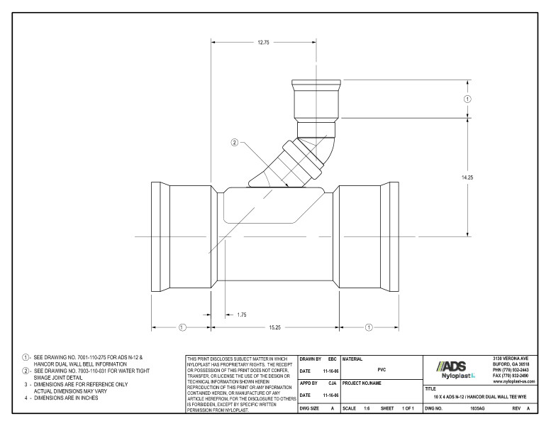 10 x 4 N-12 Dual Wall Tee Wye Nyloplast Detail