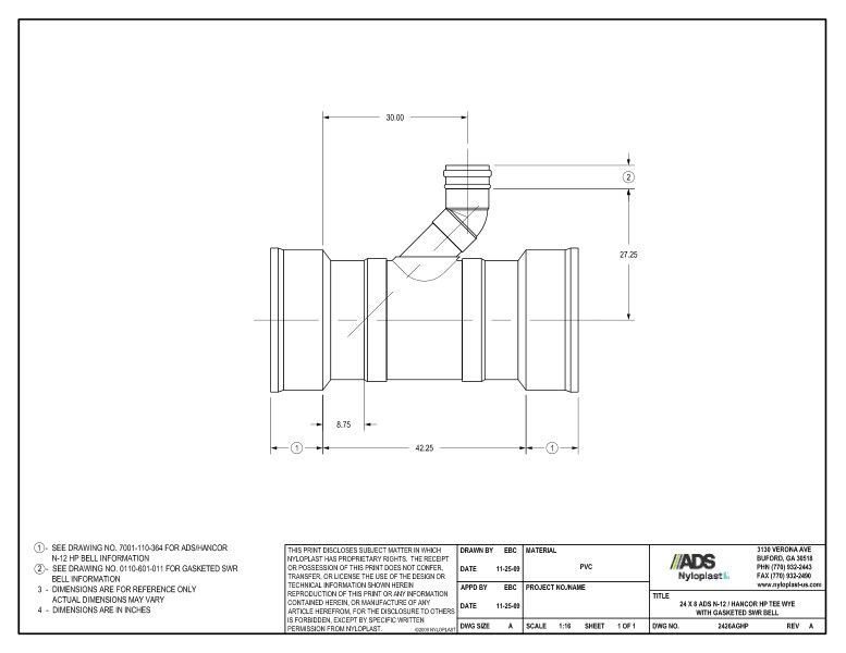 24 x 8 HP Tee Wye with Gasketed SWR Bell Nyloplast Detail