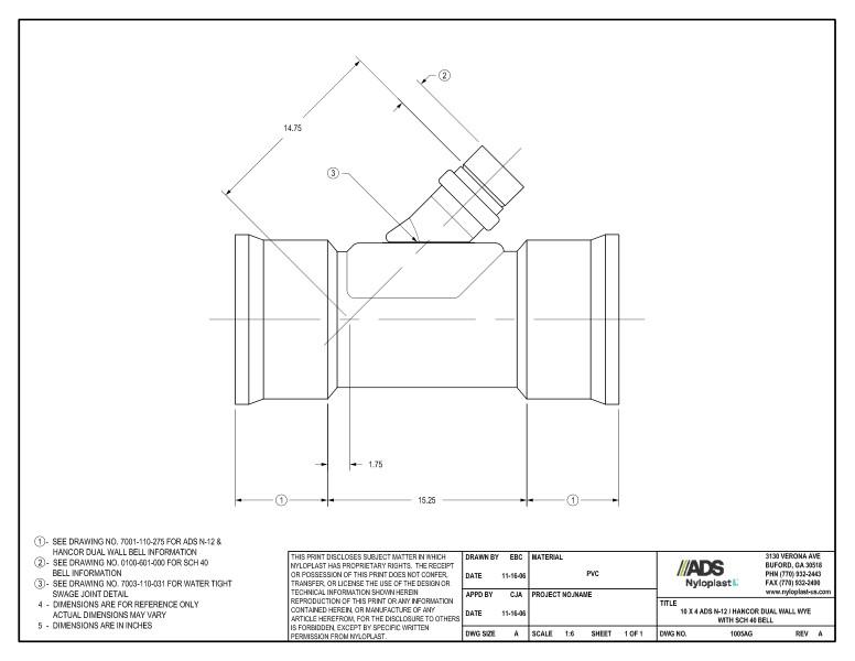 10 x 4 N-12 Dual Wall Wye with SCH 40 Bell Nyloplast Detail