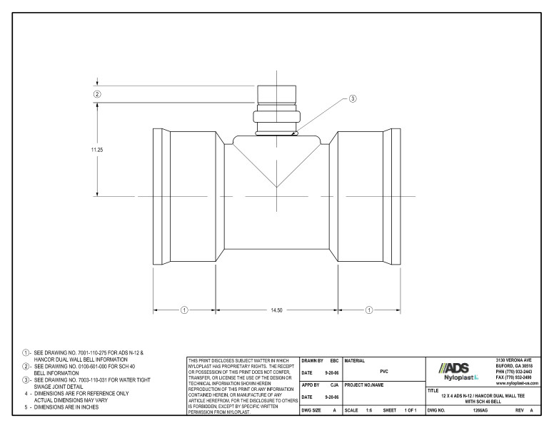12 x 4 N-12 Dual Wall Tee with SCH 40 Bell Nyloplast Detail