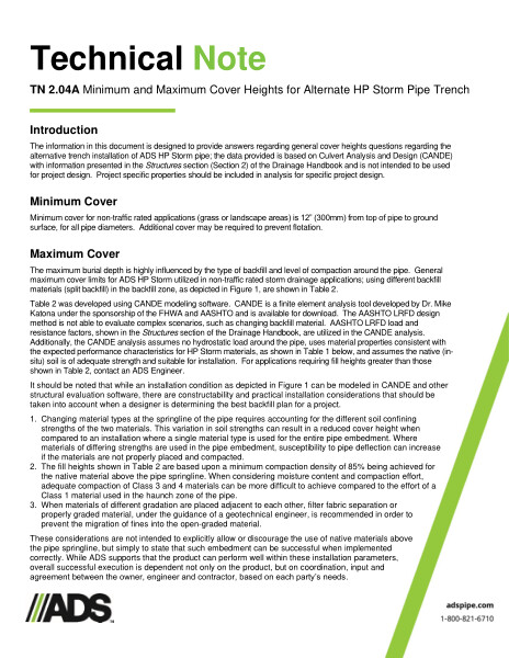 TN 2.04A Minimum Maximum Cover Heights for Alternate Trench for HP Storm Pipe Trench