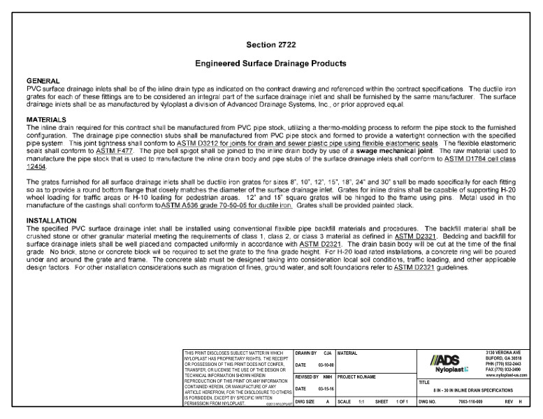 8" - 30" Inline Drain Specifications Nyloplast Detail