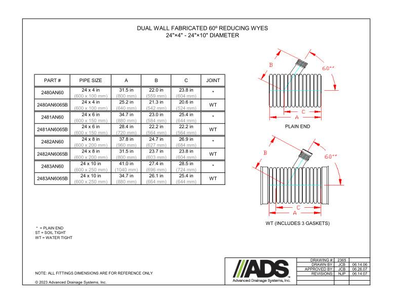 24" x 4" - 24" x 10" Fabricated 60 Degree Reducing Wyes (HDPE Dual Wall Fabricated Wyes Fittings)