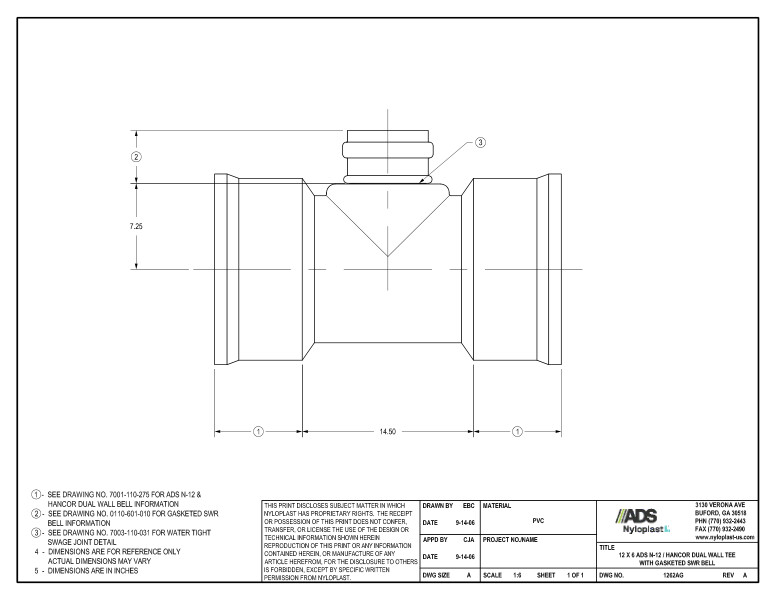 12 x 6 N-12 Dual Wall Tee with Gasketed SWR Bell Nyloplast Detail