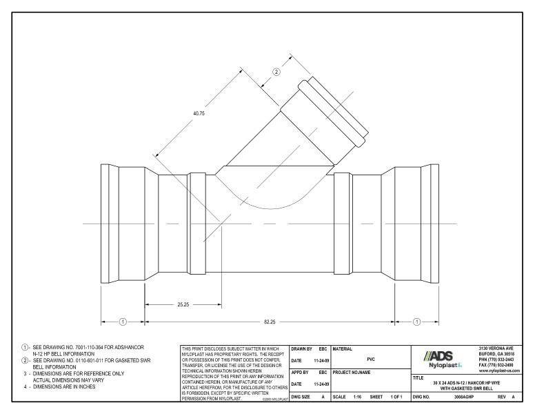 30 x 24 HP Wye with Gasketed SWR Bell Nyloplast Detail