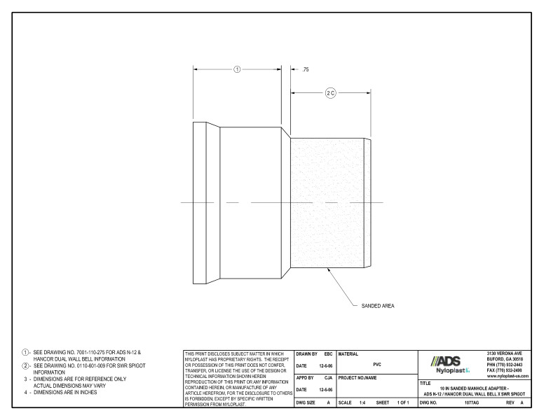 10" Sanded Manhole Adapter - N-12 Dual Wall Bell x SWR Spigot Nyloplast Detail