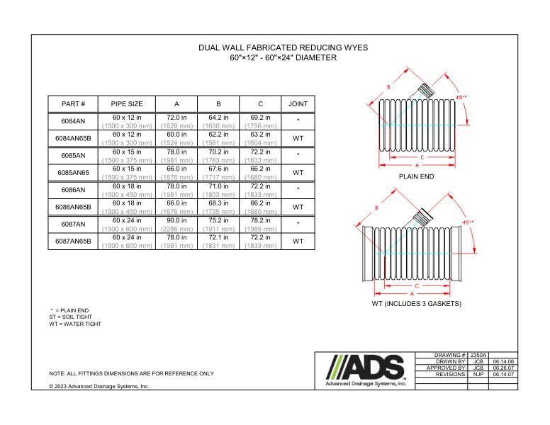 60" x 12" - 60" x 24" Fabricated Reducing Wyes (HDPE Dual Wall Fabricated Reducing Wyes Fittings)