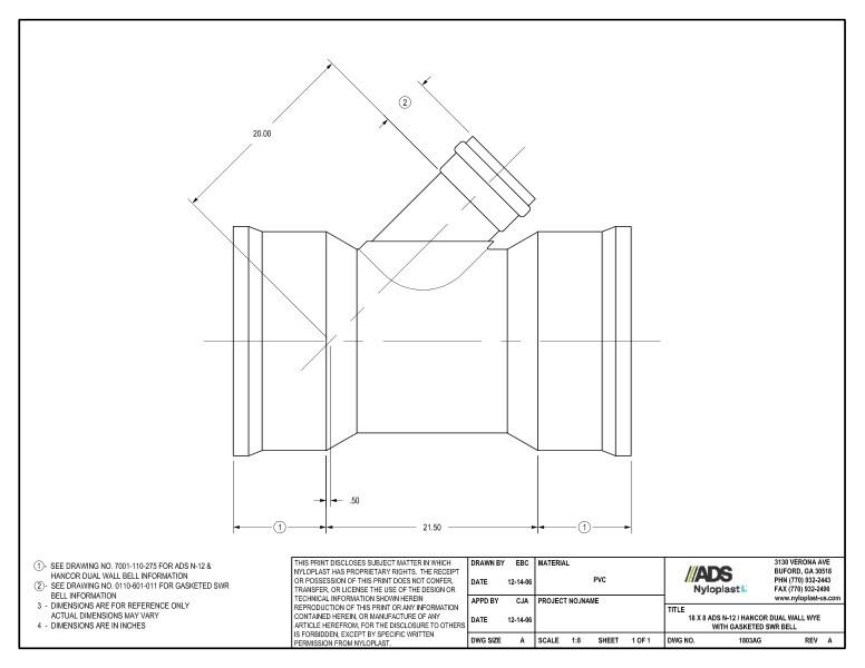 18 x 8 N-12 Dual Wall Wye with Gasketed SWR Bell Nyloplast Detail