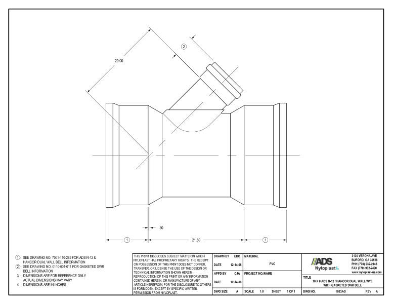 18 x 8 N-12 Dual Wall Wye with Gasketed SWR Bell Nyloplast Detail