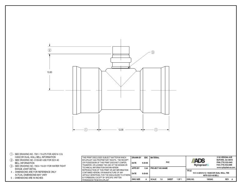 10 x 4 N-12 Dual Wall Tee with SCH 40 Bell Nyloplast Detail