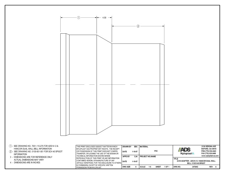 24" Adapter - N-12 Dual Wall Bell x SCH 40 Spigot Nyloplast Detail