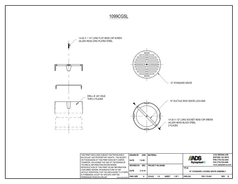 10" Standard Locking Grate Assembly Nyloplast Detail