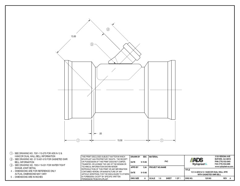 12 x 4 N-12 Dual Wall Wye with Gasketed SWR Bell Nyloplast Detail