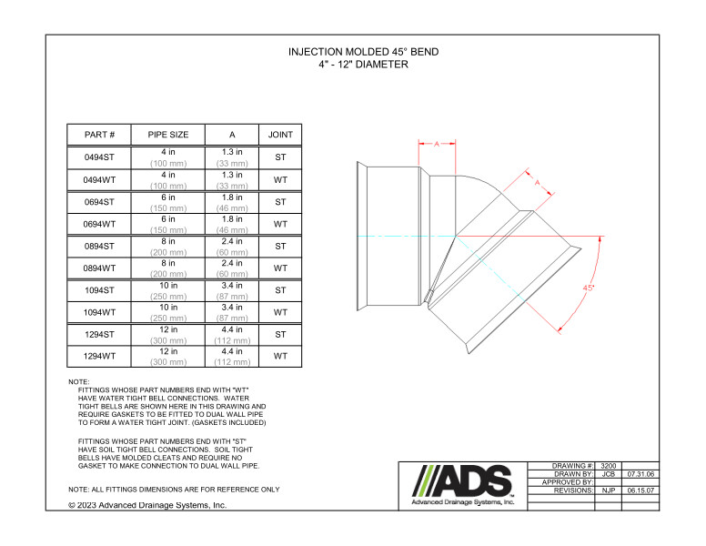 4" - 12" Injection Molded 45 Degree Bends (HDPE Dual Wall Injection Molded Bends Fittings)