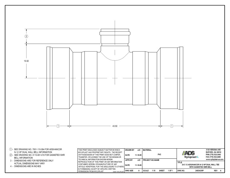 24 x 12 HP Tee with Gasketed SWR Bell Nyloplast Detail