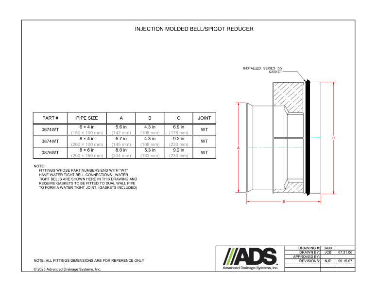 6" x 4" - 8" x 4" - 8" x 6" Injection Molded Bell/Spigot Reducers (HDPE Dual Wall Injection Molded Reducers Fittings)