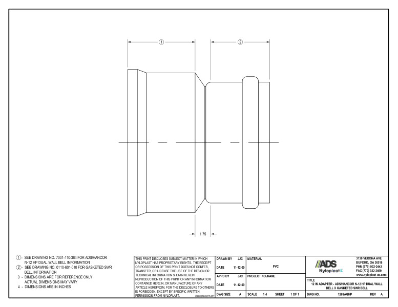 12" Adapter - HP Bell x Gasketed SWR Bell Nyloplast Detail