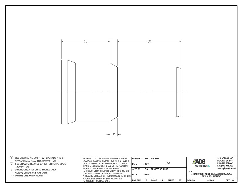 4" Adapter - N-12 Dual Wall Bell x SCH 40 Spigot Nyloplast Detail