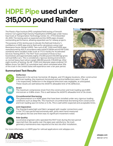 ADS HDPE Pipe shows outstanding performance under 315,000 pound rail cars Product Sheet