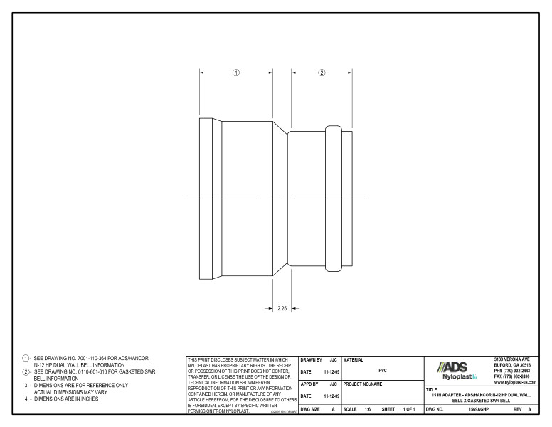 15" Adapter - HP Bell x Gasketed SWR Bell Nyloplast Detail