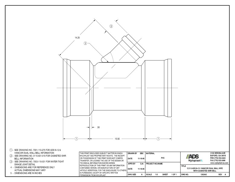 12 x 6 N-12 Dual Wall Wye with Gasketed SWR Bell Nyloplast Detail