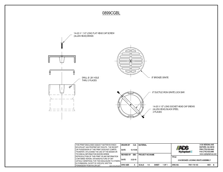 8" Bronze Locking Grate Assembly Nyloplast Detail