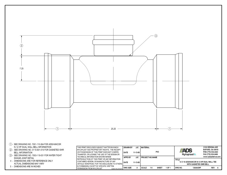 12 x 10 HP Tee with Gasketed SWR Bell Nyloplast Detail