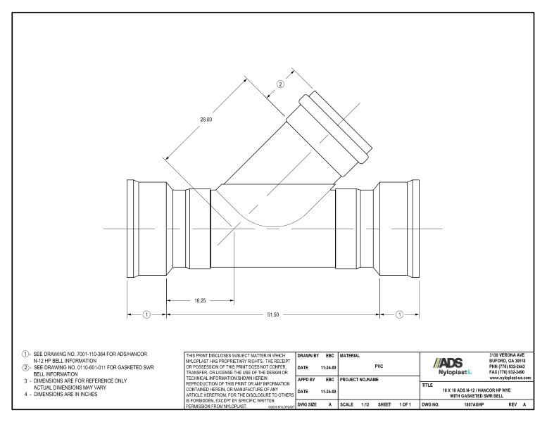 18 x 18 HP Wye with Gasketed SWR Bell Nyloplast Detail